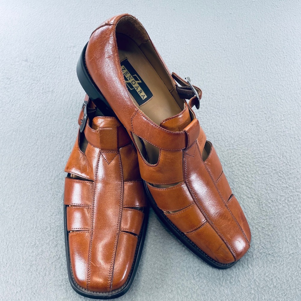 Zengara Men Fisherman Sandals Tan Leather Size 12 Caged Buckle Dress Shoes